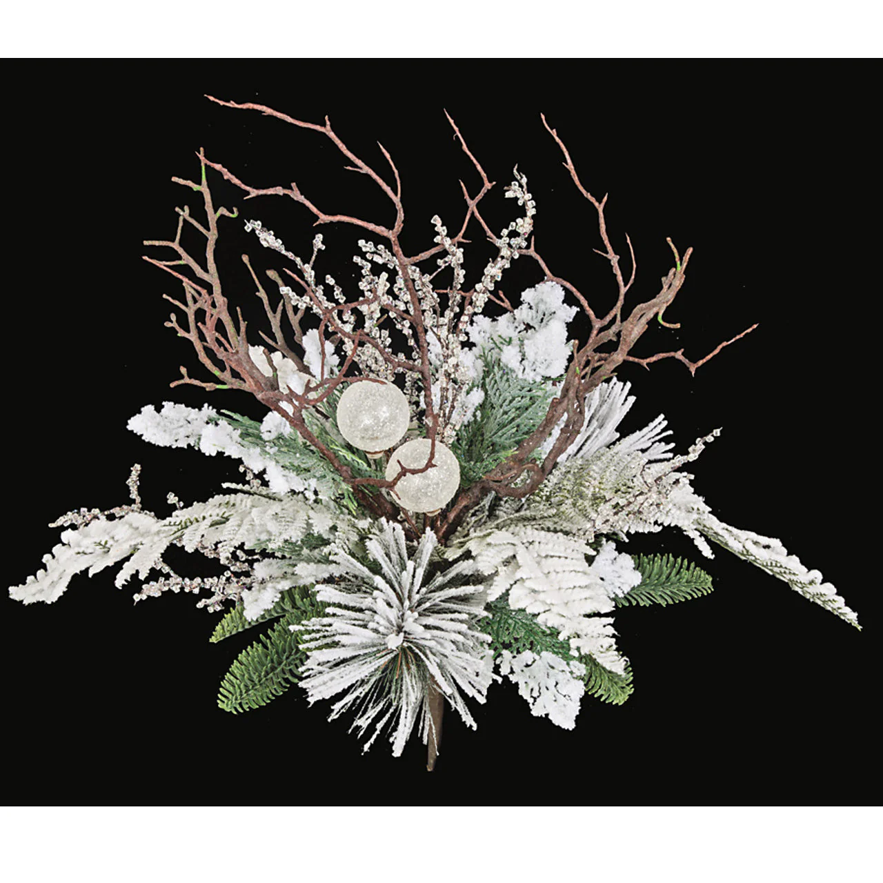 17" Flocked Artificial Mixed Pine, Fern, Cedar & Twig Plant -White/Brown (Pack of 4)