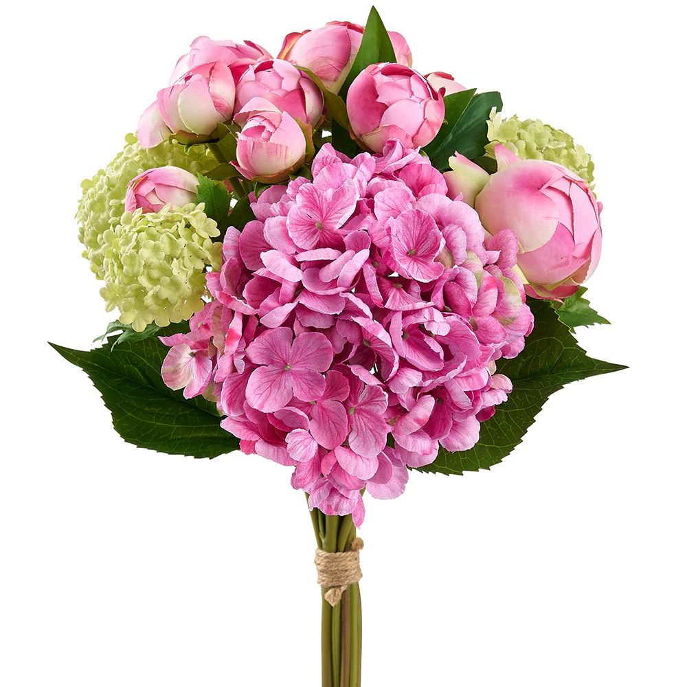 17" Hydrangea, Snowball & Ranunculus Bud Silk Flower Bouquet -Beauty/Green (Pack of 4)