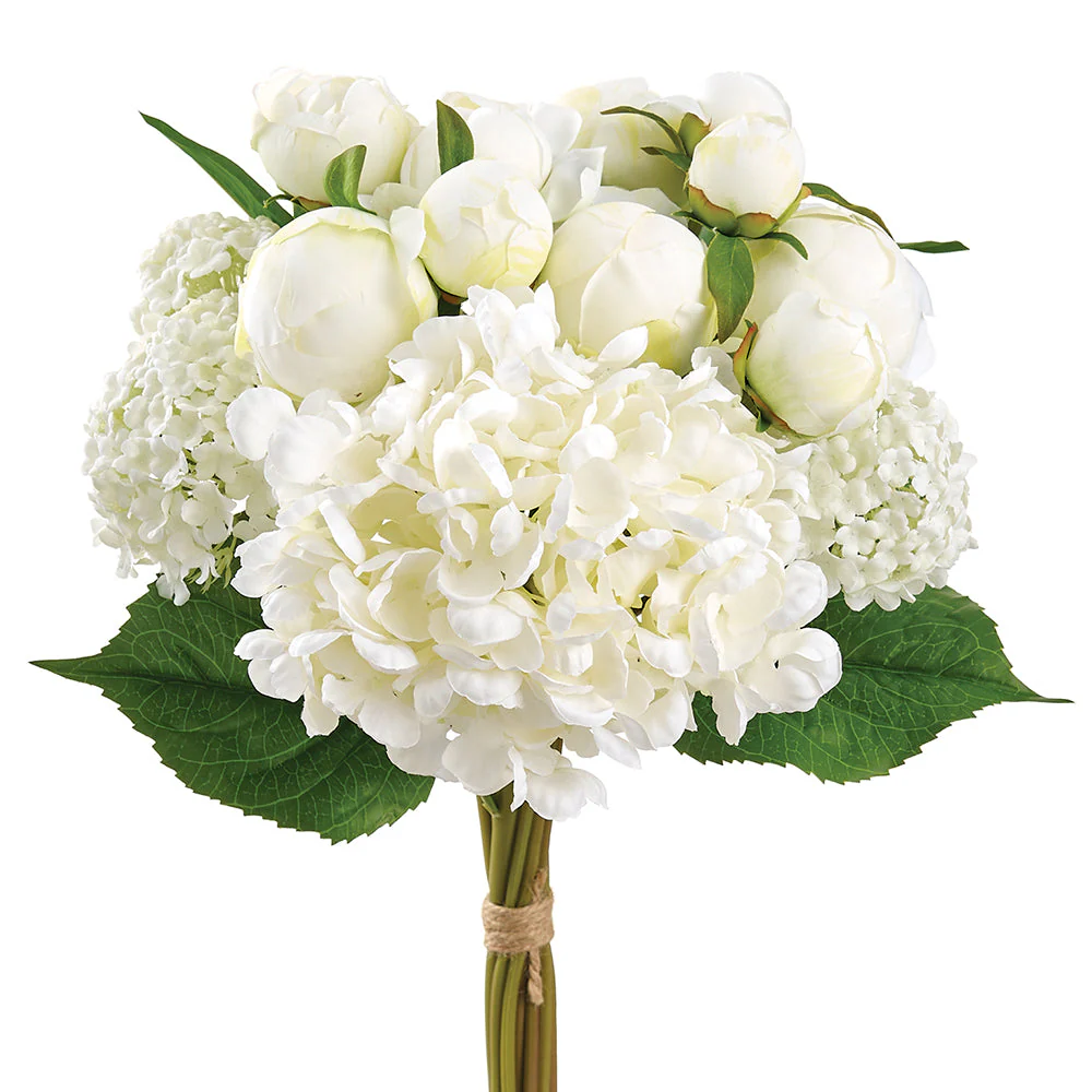 17" Hydrangea, Snowball & Ranunculus Bud Silk Flower Bouquet -Cream/Green (Pack of 4)