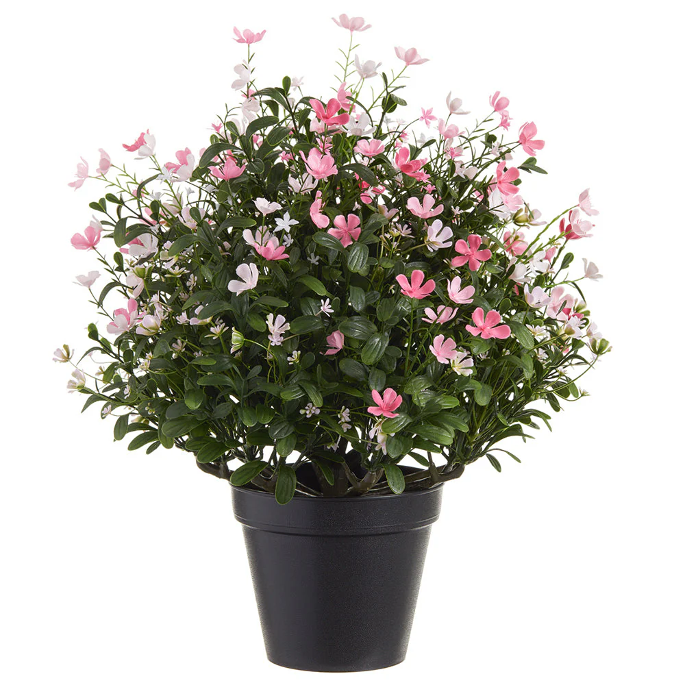 17" Outdoor UV-Resistant Artificial Mini Flower Plant w/Pot -Pink/White (Pack of 4)