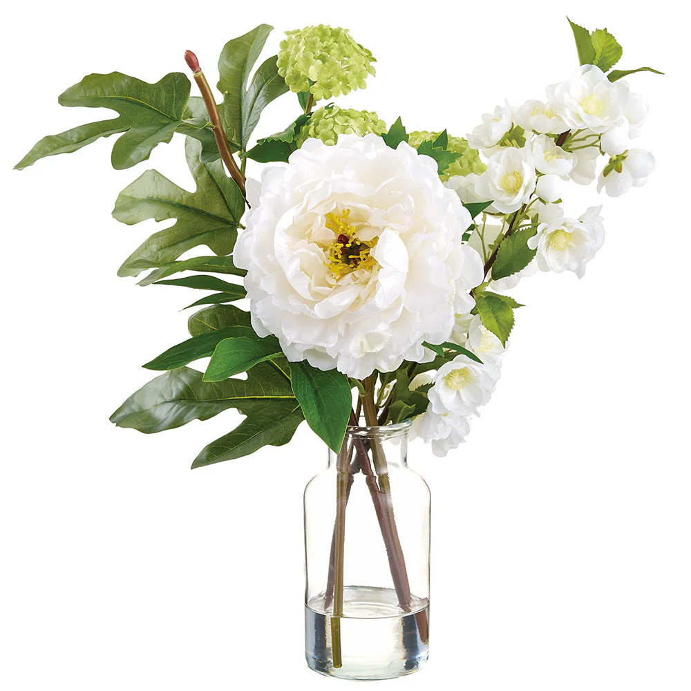 17" Peony, Snowball & Blossom Silk Flower Arrangement w/Glass Vase -Cream/Green (Pack of 2)