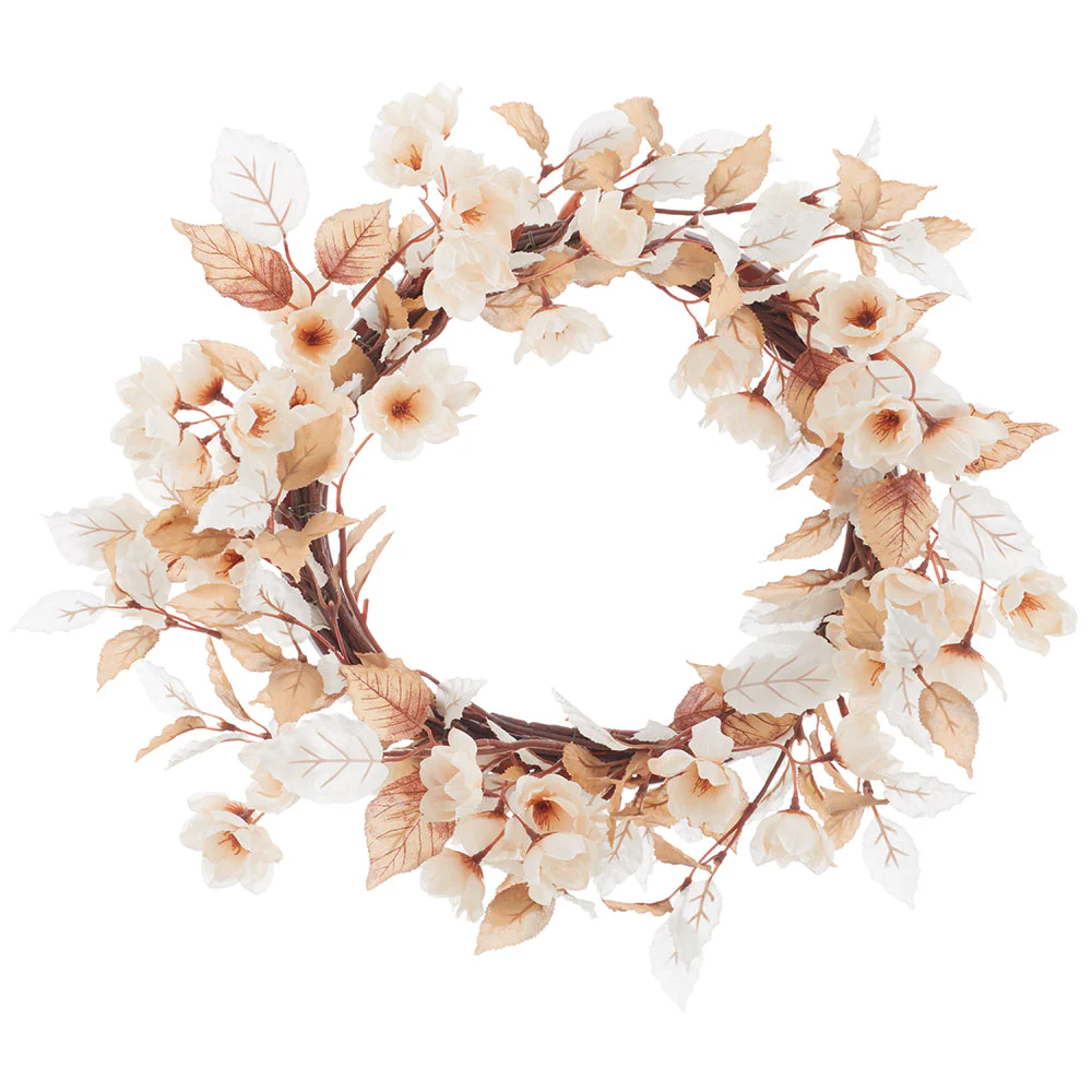 17" Saffron Crocus Flower & Beech Leaf Silk Wreath -Tan/Beige (Pack of 6)