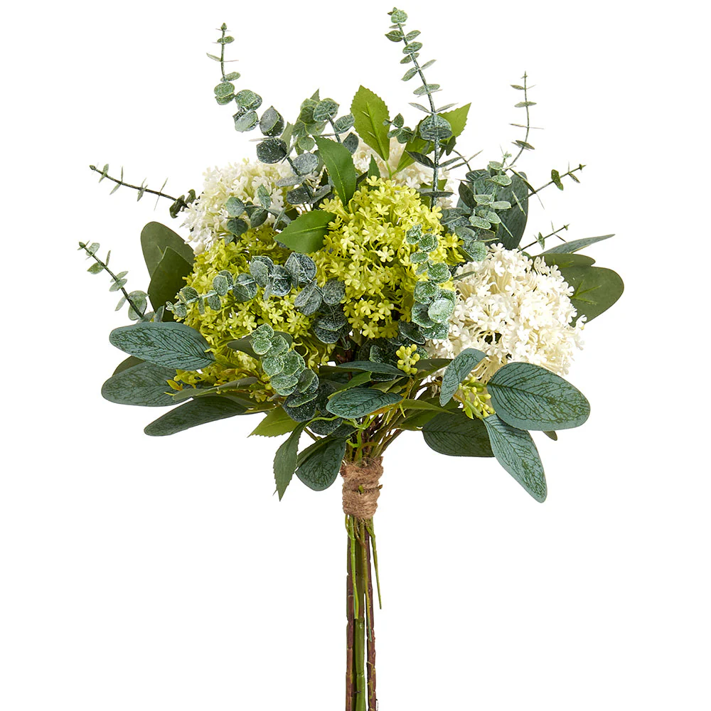 17" Snowball Flower & Fern Silk Flower Bouquet -Green/Cream (Pack of 6)