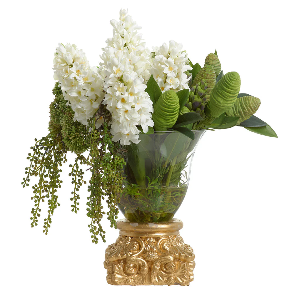 17"Hx12"W Hyacinth, Lilac & Sedum Silk Flower Arrangement w/Glass Vase & Cement Base -White/Green