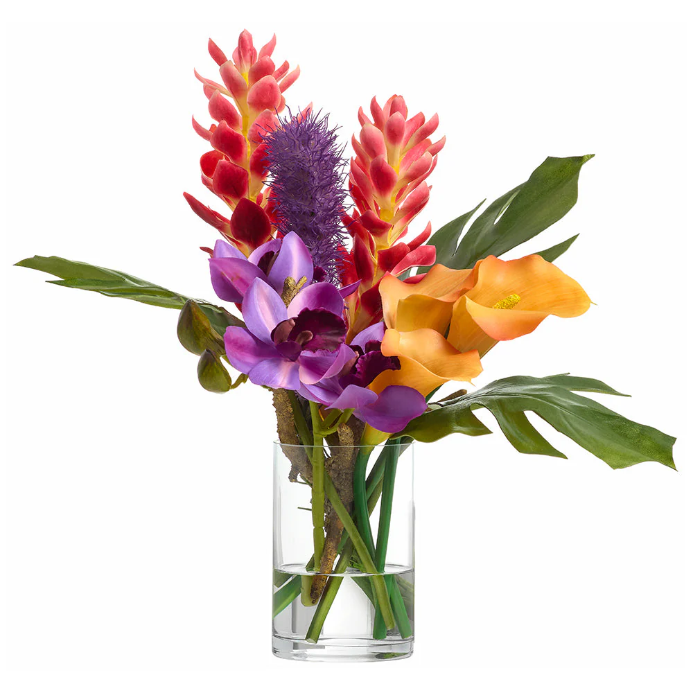 17"Hx20"W Mixed Tropical Silk Flower Arrangement w/Glass Vase -Mixed Colors