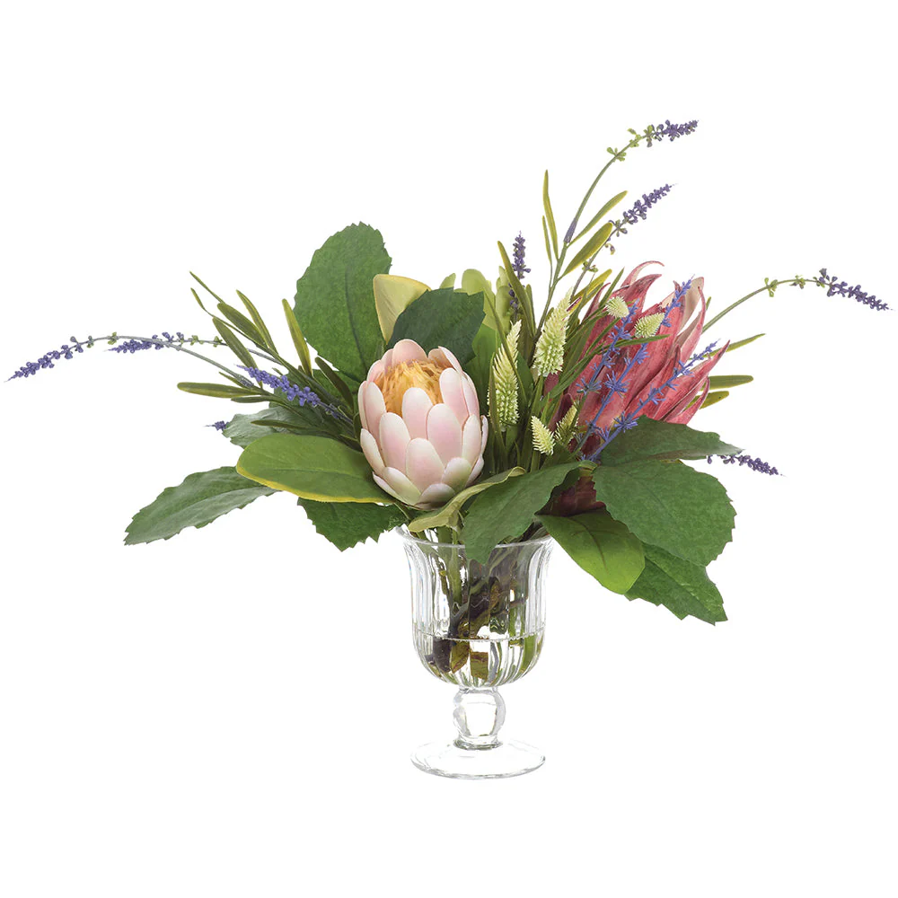 17"Hx21"W Protea & Lavender Silk Flower Arrangement w/Glass Vase -Pink/Lavender