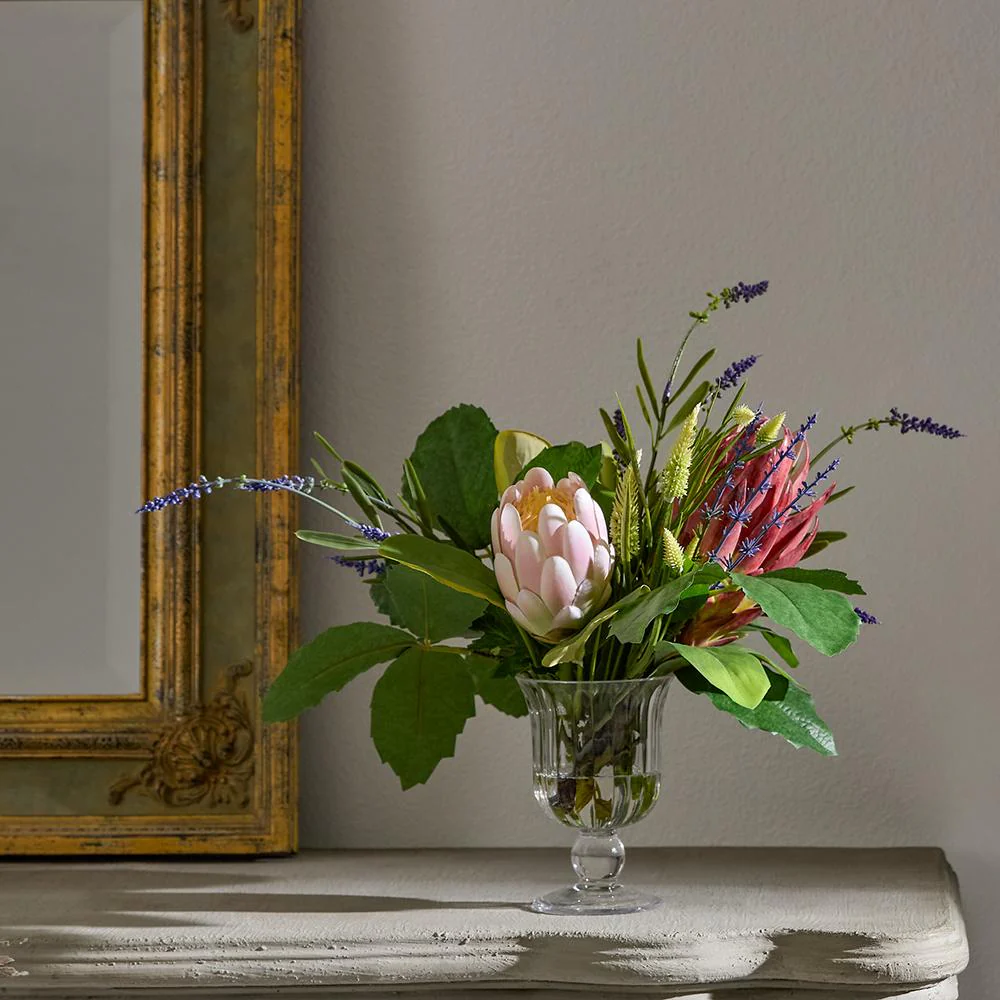 17"Hx21"W Protea & Lavender Silk Flower Arrangement w/Glass Vase -Pink/Lavender - Image 2