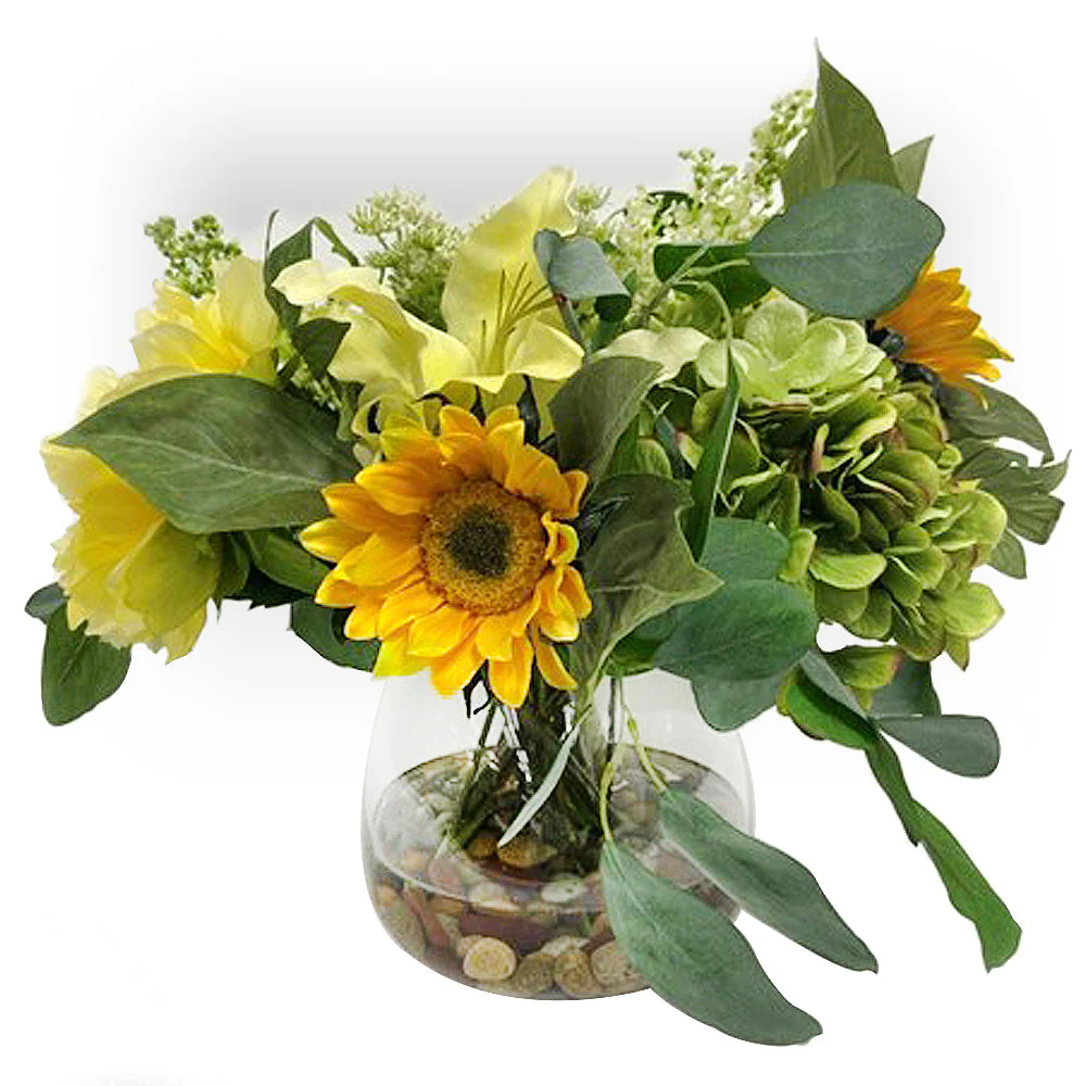 17"Hx23"W Hydrangea, Peony & Sunflower Silk Flower Arrangement w/Glass Vase -Yellow/Green