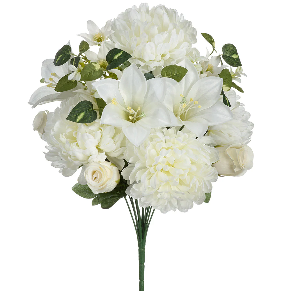 18.5" Mixed Mum, Lily & Rose Bud Silk Flower Bush -Cream/White (Pack of 6)