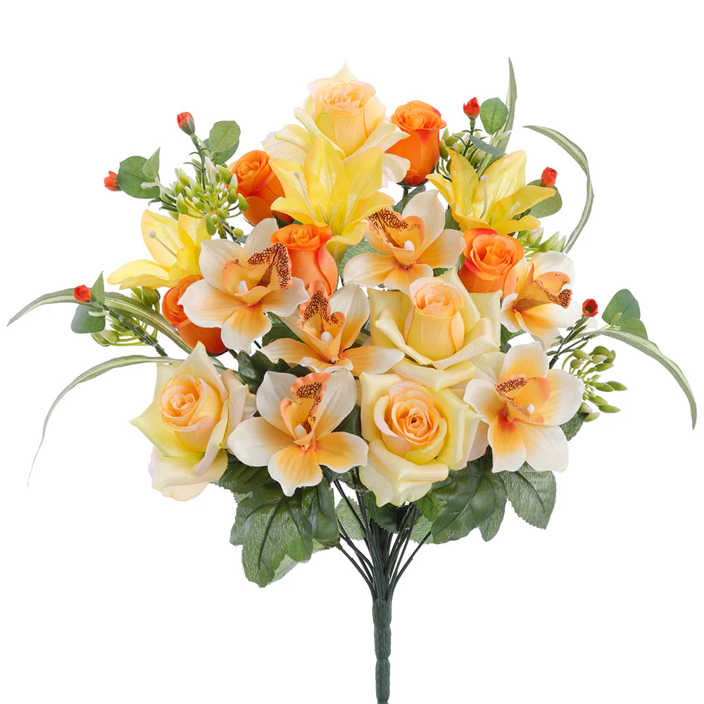 18.5" Mixed Rose, Orchid & Lily Silk Flower Bush -Yellow/Orange (Pack of 6)