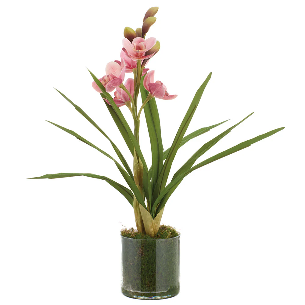 18" Cymbidium Orchid Artificial Flower Arrangement w/Clear Plastic Pot -Peach/Pink (Pack of 4)