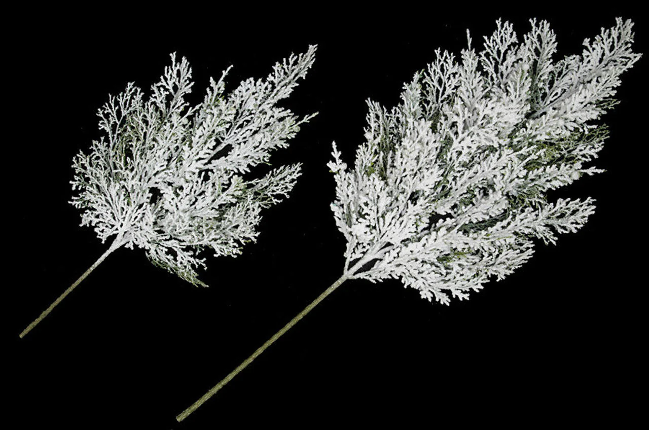 18" Flocked & Glittered Artificial Cypress Stem -White/Green (Pack of 24) - Image 3