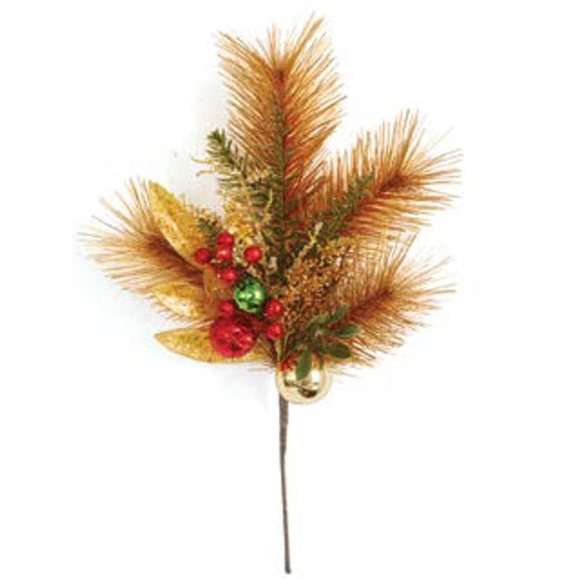 18" Hand-Wapped Mixed Artificial Longleaf Pine, Berry & Ball Stem -Gold (Pack of 12)