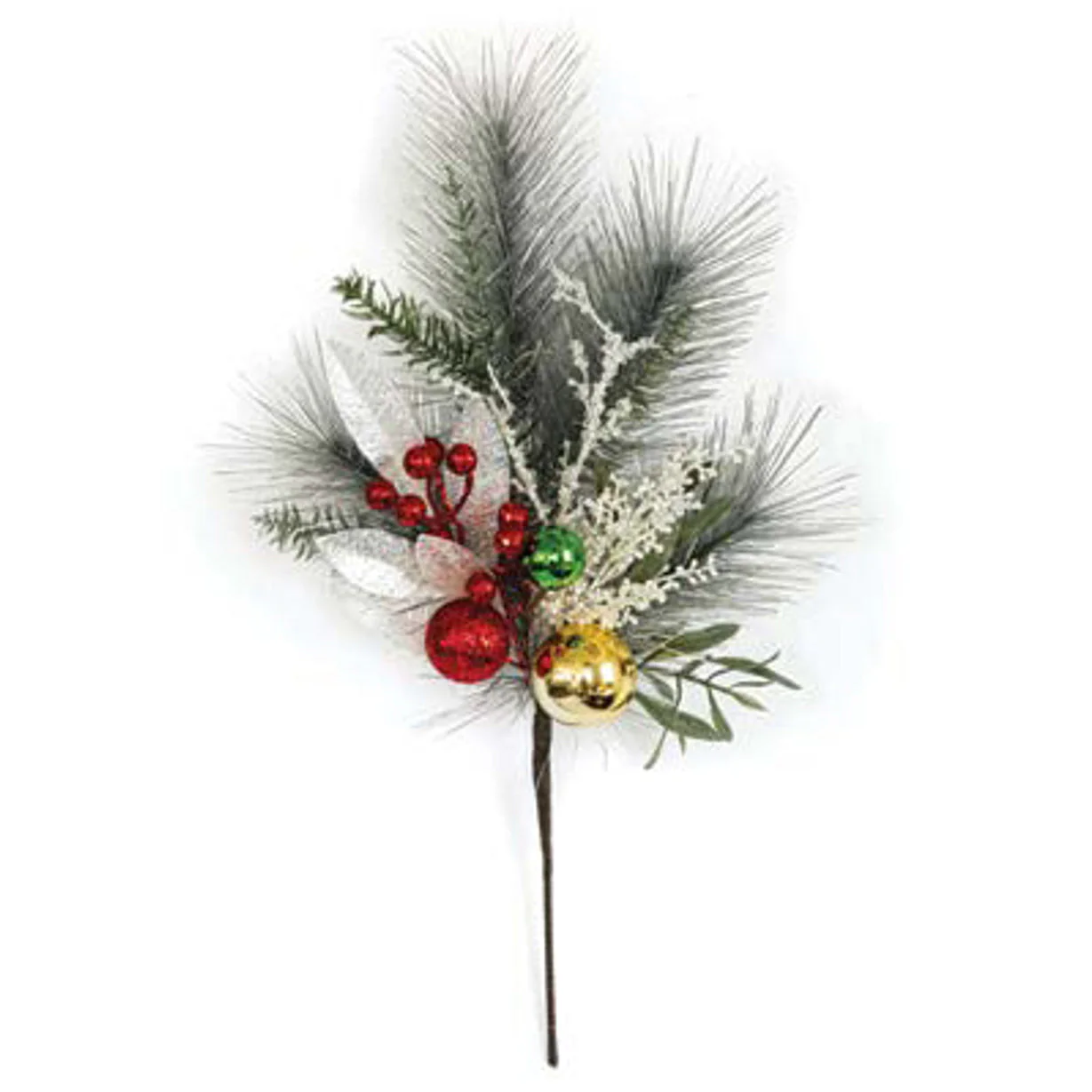 18" Hand-Wapped Mixed Artificial Longleaf Pine, Berry & Ball Stem -Silver (Pack of 12)