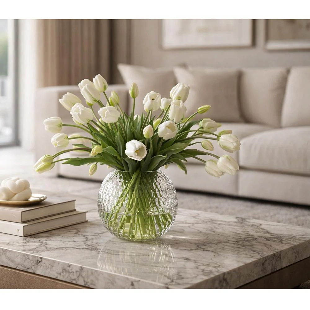 18"Hx20"W Tulip Silk Flower Arrangement w/Glass Vase -Cream/Green - Image 3