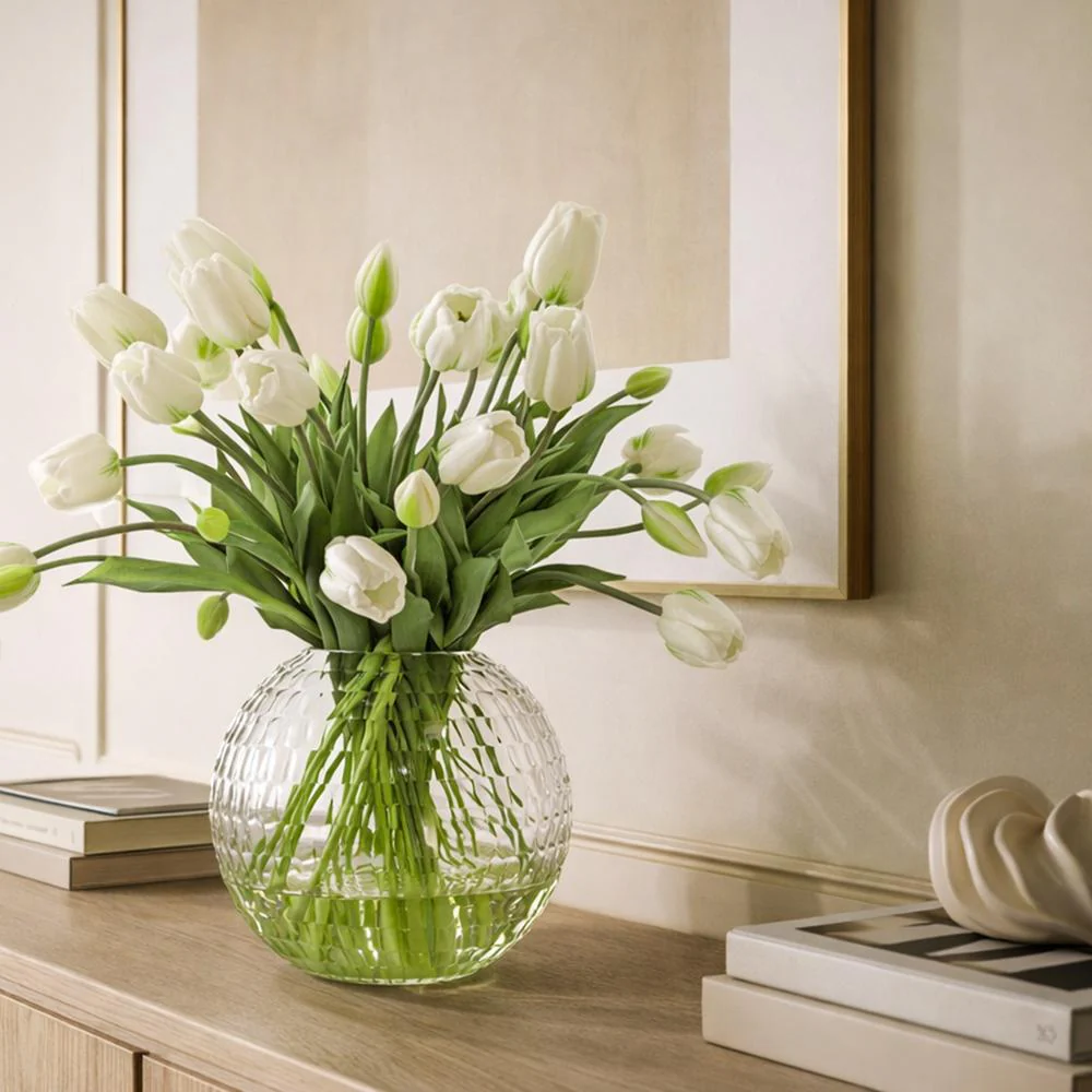 18"Hx20"W Tulip Silk Flower Arrangement w/Glass Vase -Cream/Green - Image 4