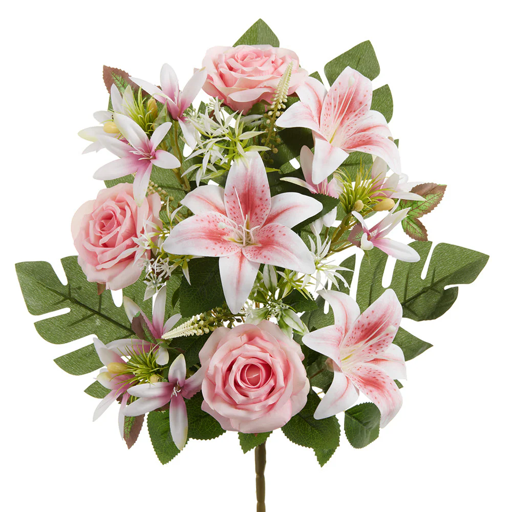 19.5" Mixed Rose & Lily Silk Flower Bush -2 Tone Pink (Pack of 6)