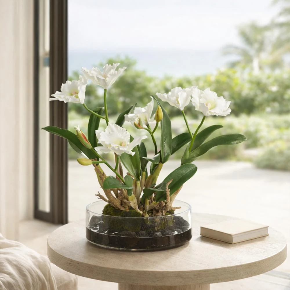 19.5"Hx22"W Cattleya Orchid Silk Flower Arrangement w/Glass Vase -White - Image 2