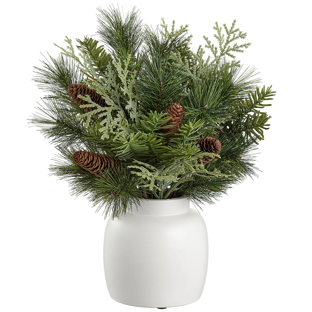 19" Artificial Mixed Pine & Pinecone Arrangement w/Ceramic Vase -Green/Brown