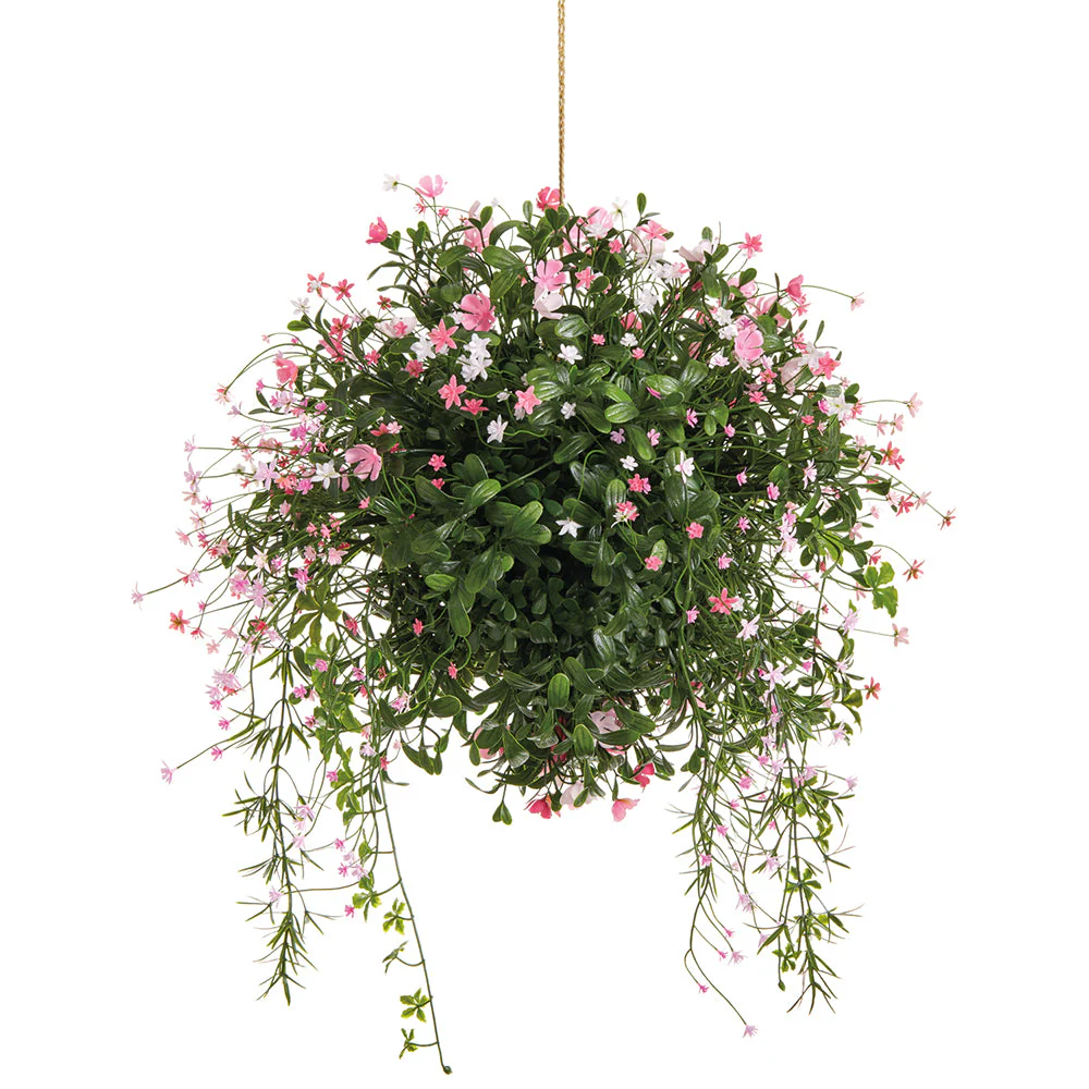 19" Outdoor UV-Resistant Artificial Mini Flowering Plant w/Hanging Boxwood Basket -Pink/White (Pack of 2)