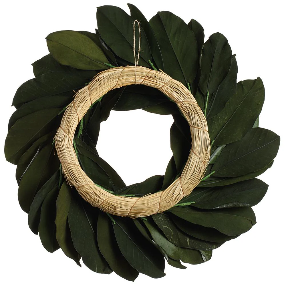 19" Preserved Magnolia Leaf Wreath -Green - Image 3