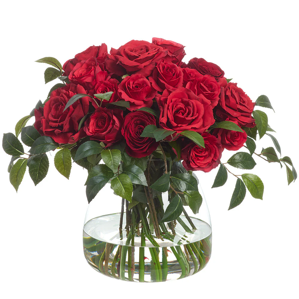 19"Hx23"W Rose Silk Flower Arrangement w/Glass Vase -Red