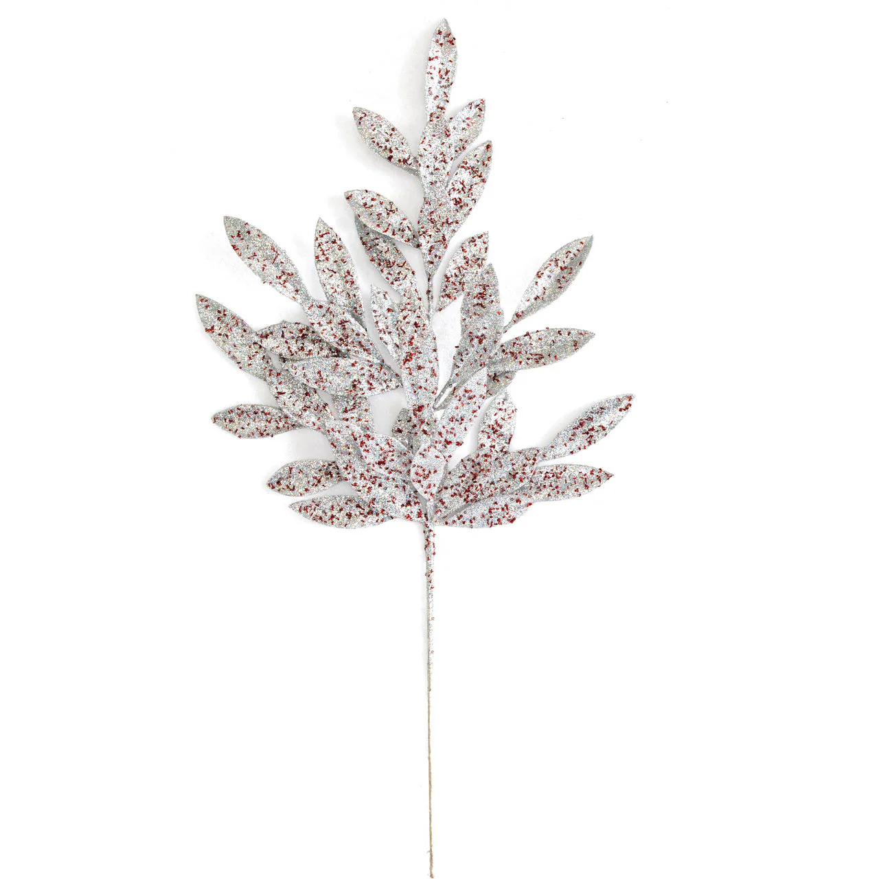 20.5" Glittered Artificial Bay Leaf Stem -Silver/Red (Pack of 12)