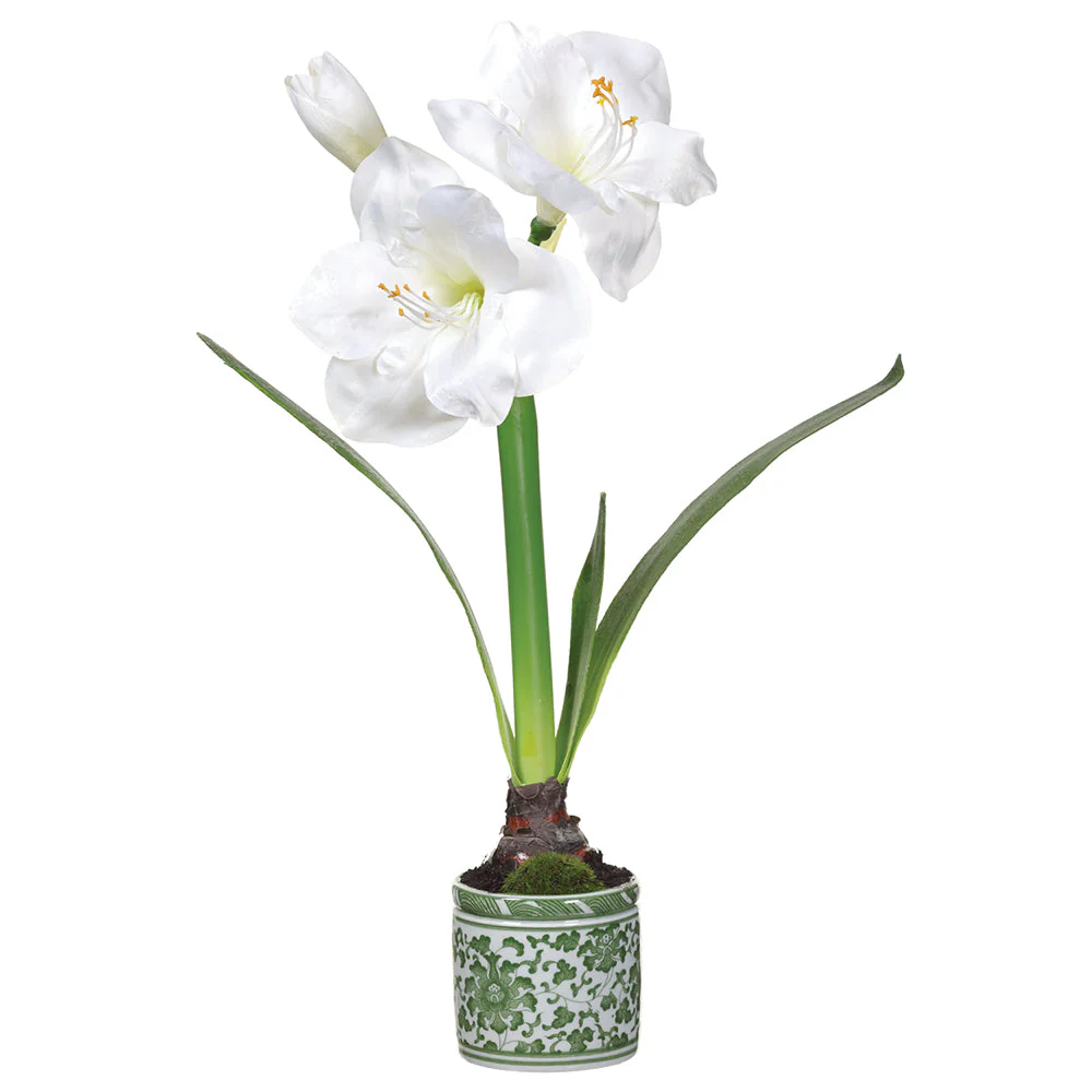 20" Amaryllis Silk Flower Arrangement w/Ceramic Vase -White (Pack of 4)