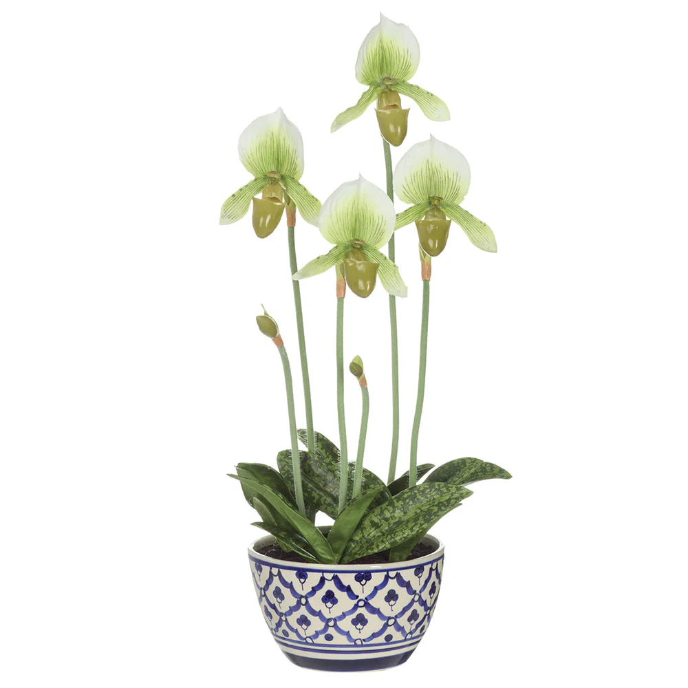 20" Hand-Wrapped Lady's Slipper Orchid Artificial Flower Arrangement w/Ceramic Vase -Cream/Green