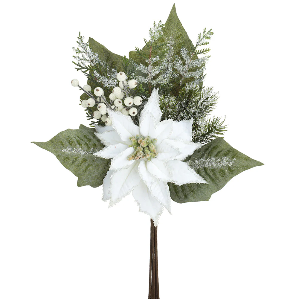 20" Iced Artificial Poinsettia Flower, Berry, Pinecone & Pine Stem -White (Pack of 12)