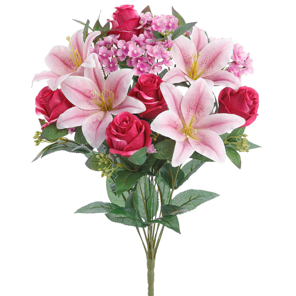 20" Mixed Rose, Lily & Hydrangea Silk Flower Bush -Purple/Beauty (Pack of 6)