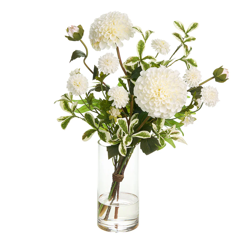 20"Hx16"W Dahlia & Pompom Silk Flower Arrangement w/Glass Vase -Cream/Green