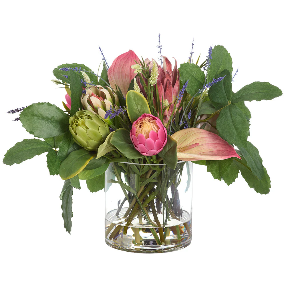 20"Hx24"W Protea, Anthurium & Lavender Silk Flower Arrangement w/Glass Vase -Pink/Lavender