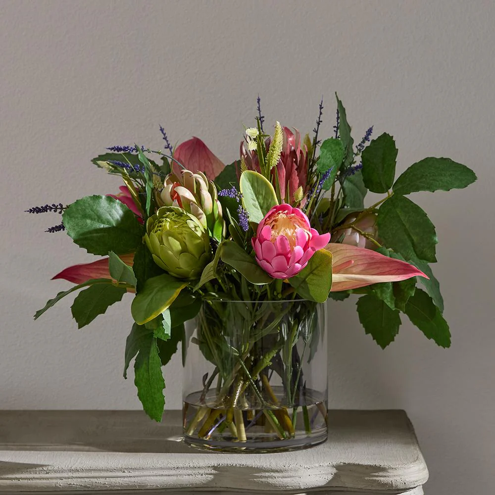 20"Hx24"W Protea, Anthurium & Lavender Silk Flower Arrangement w/Glass Vase -Pink/Lavender - Image 2