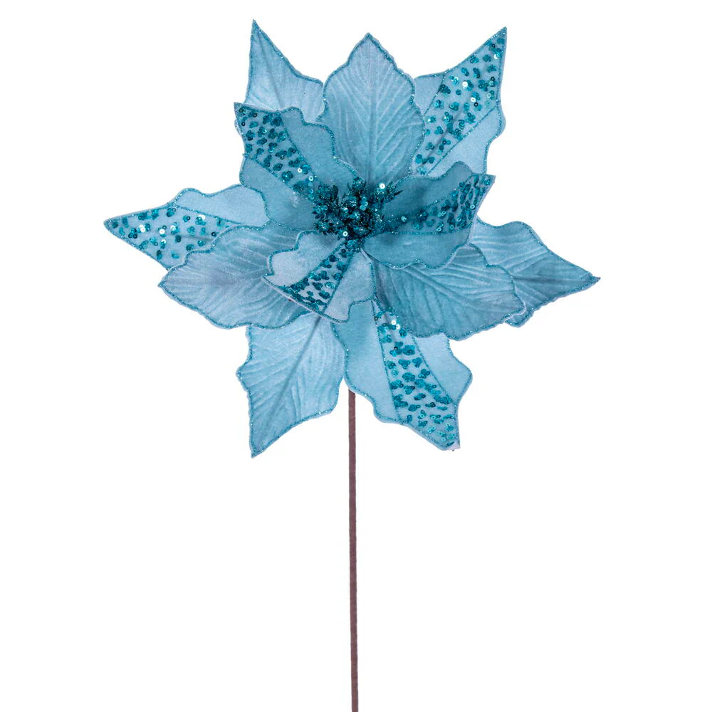 20"x10" Glittered Velvet Striped Artificial Poinsettia Flower Stem -Baby Blue (Pack of 12)
