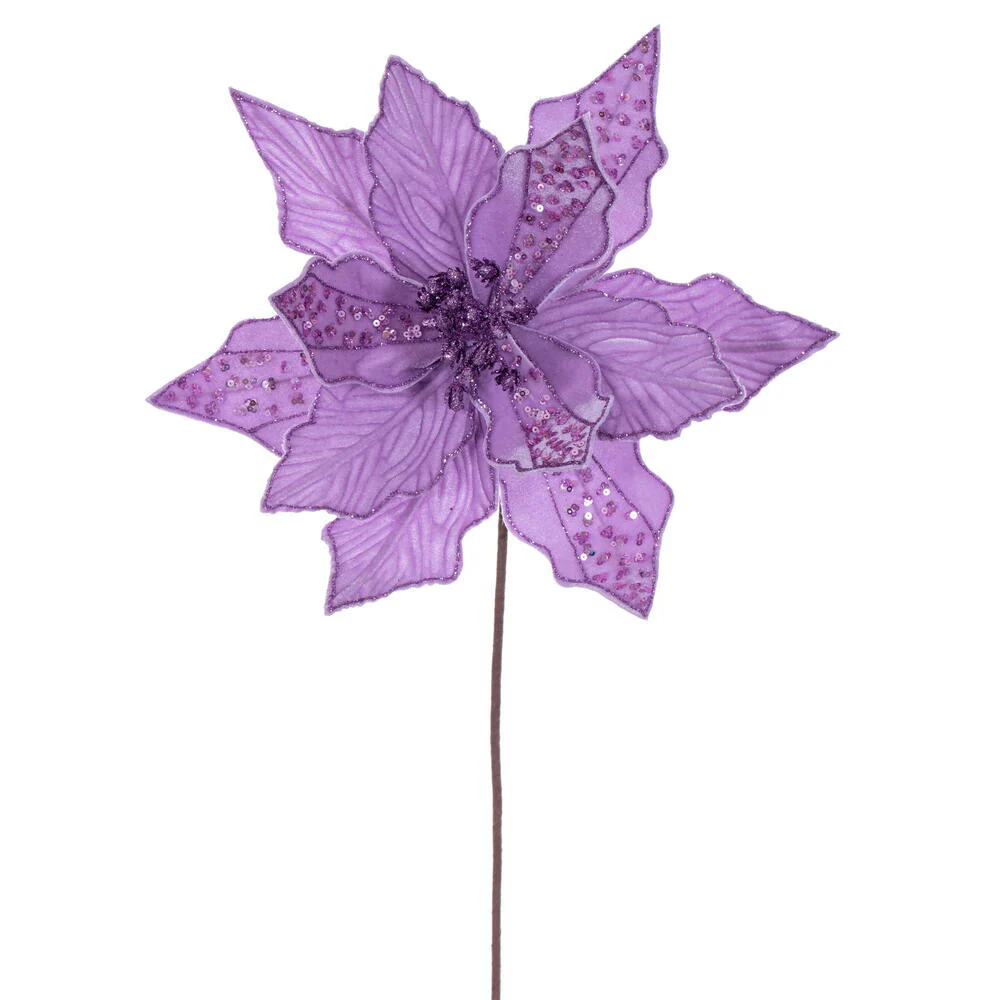 20"x10" Glittered Velvet Striped Artificial Poinsettia Flower Stem -Lavender (Pack of 12)