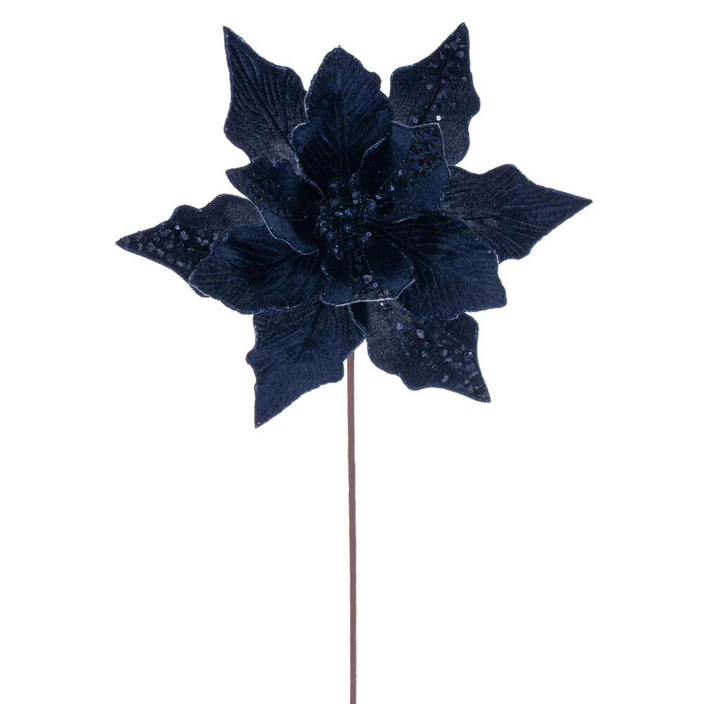20"x10" Glittered Velvet Striped Artificial Poinsettia Flower Stem -Midnight Blue (Pack of 12)