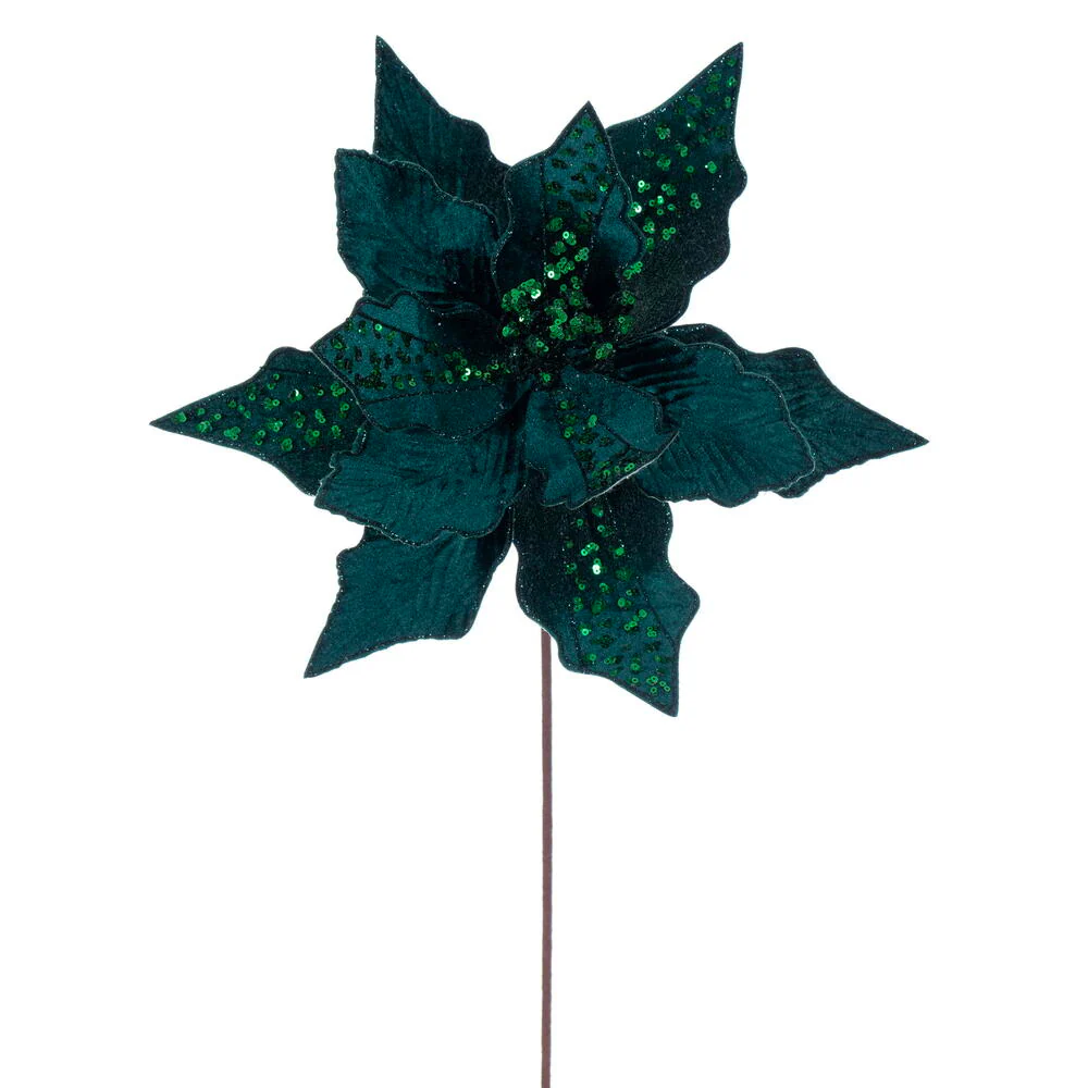 20"x10" Glittered Velvet Striped Artificial Poinsettia Flower Stem -Midnight Green (Pack of 12)