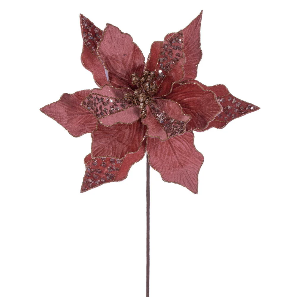 20"x10" Glittered Velvet Striped Artificial Poinsettia Flower Stem -Rose Gold (Pack of 12)
