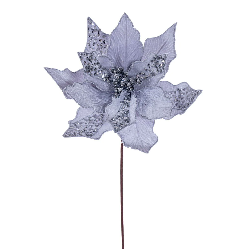 20"x10" Glittered Velvet Striped Artificial Poinsettia Flower Stem -Silver (Pack of 12)