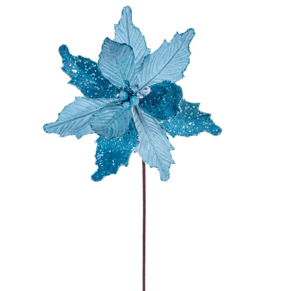 20"x11.5" Sugar & Beaded Velvet Artificial Poinsettia Flower Stem -Baby Blue (Pack of 12)