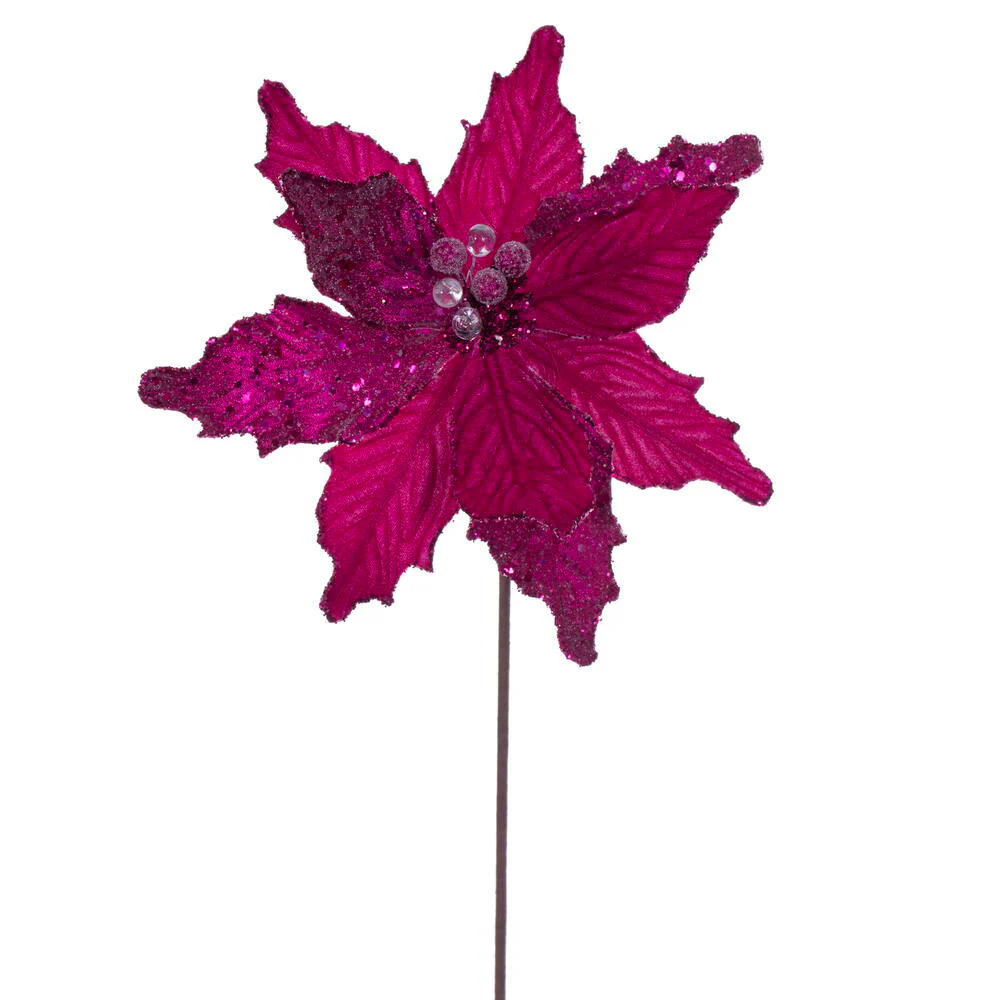 20"x11.5" Sugar & Beaded Velvet Artificial Poinsettia Flower Stem -Fuchsia (Pack of 12)