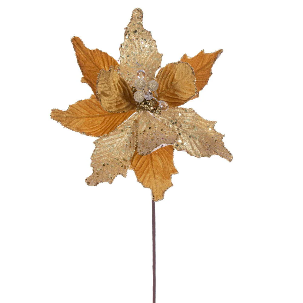 20"x11.5" Sugar & Beaded Velvet Artificial Poinsettia Flower Stem -Gold (Pack of 12)