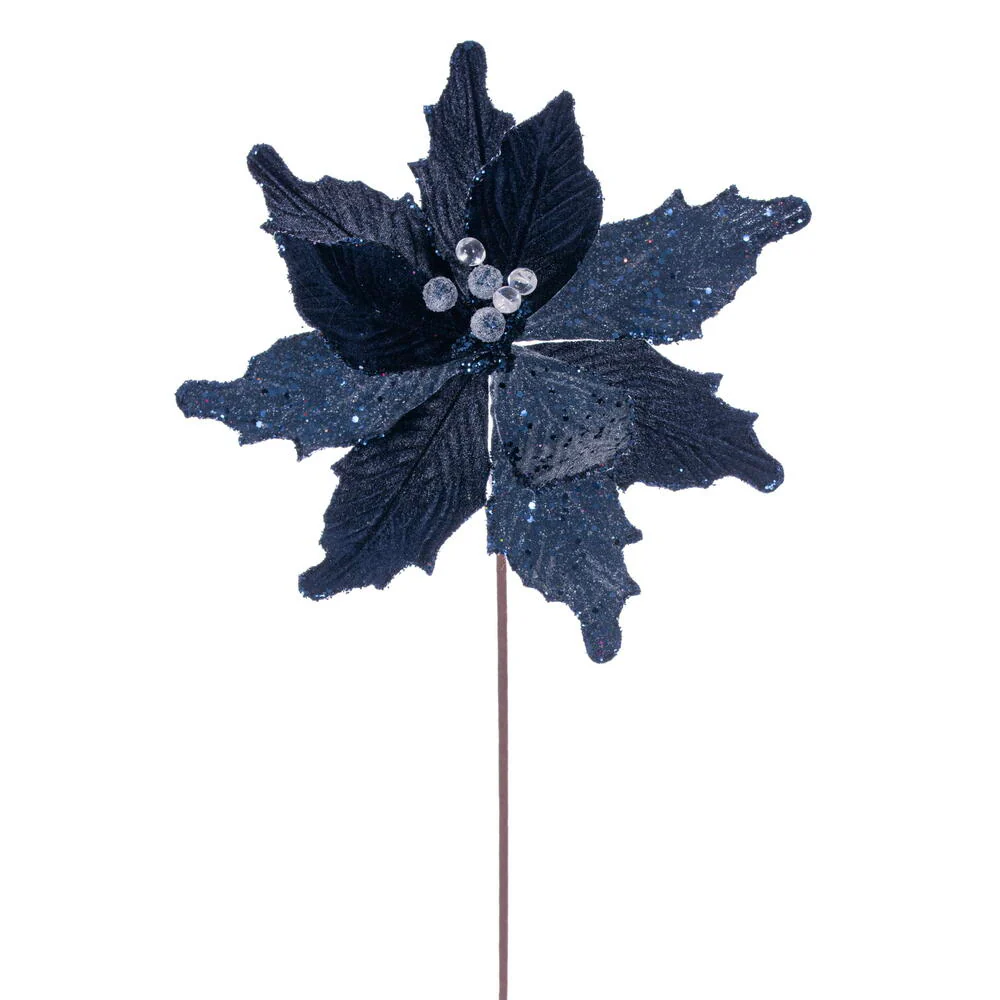 20"x11.5" Sugar & Beaded Velvet Artificial Poinsettia Flower Stem -Midnight Blue (Pack of 12)