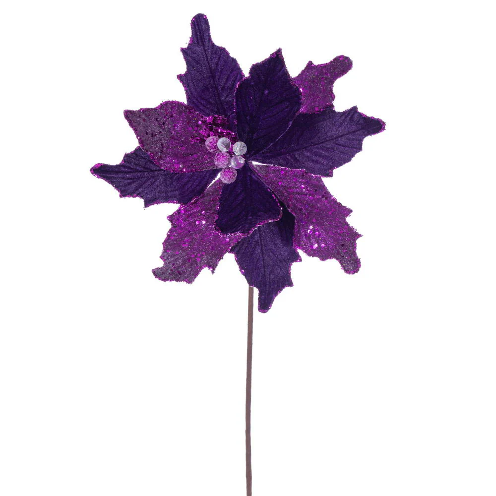 20"x11.5" Sugar & Beaded Velvet Artificial Poinsettia Flower Stem -Plum (Pack of 12)