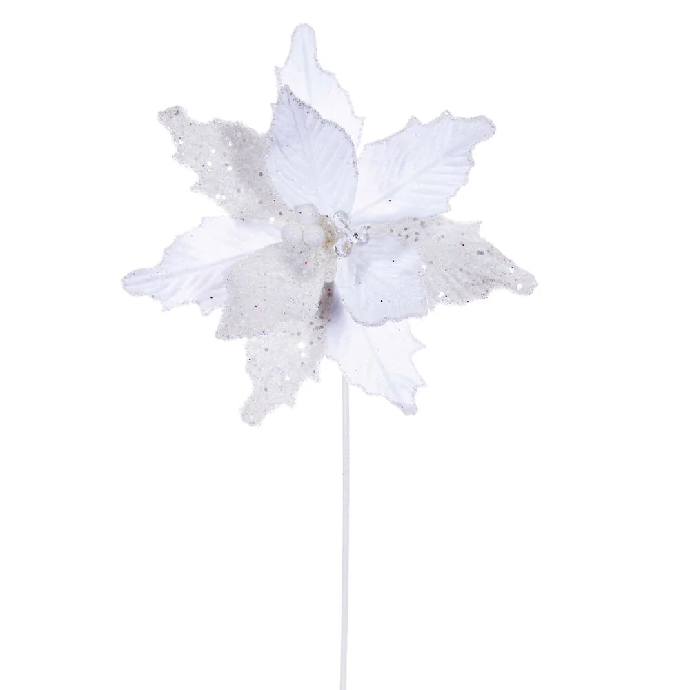 20"x11.5" Sugar & Beaded Velvet Artificial Poinsettia Flower Stem -White (Pack of 12)