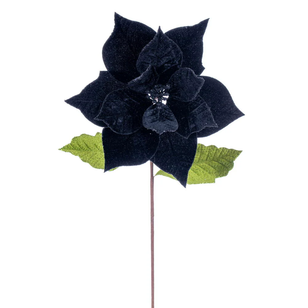20"x12" Glittered Classic Velvet Artificial Poinsettia Flower Stem -Black (Pack of 12)