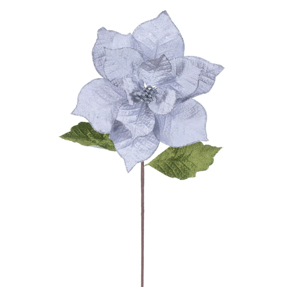 20"x12" Glittered Classic Velvet Artificial Poinsettia Flower Stem -Silver (Pack of 12)