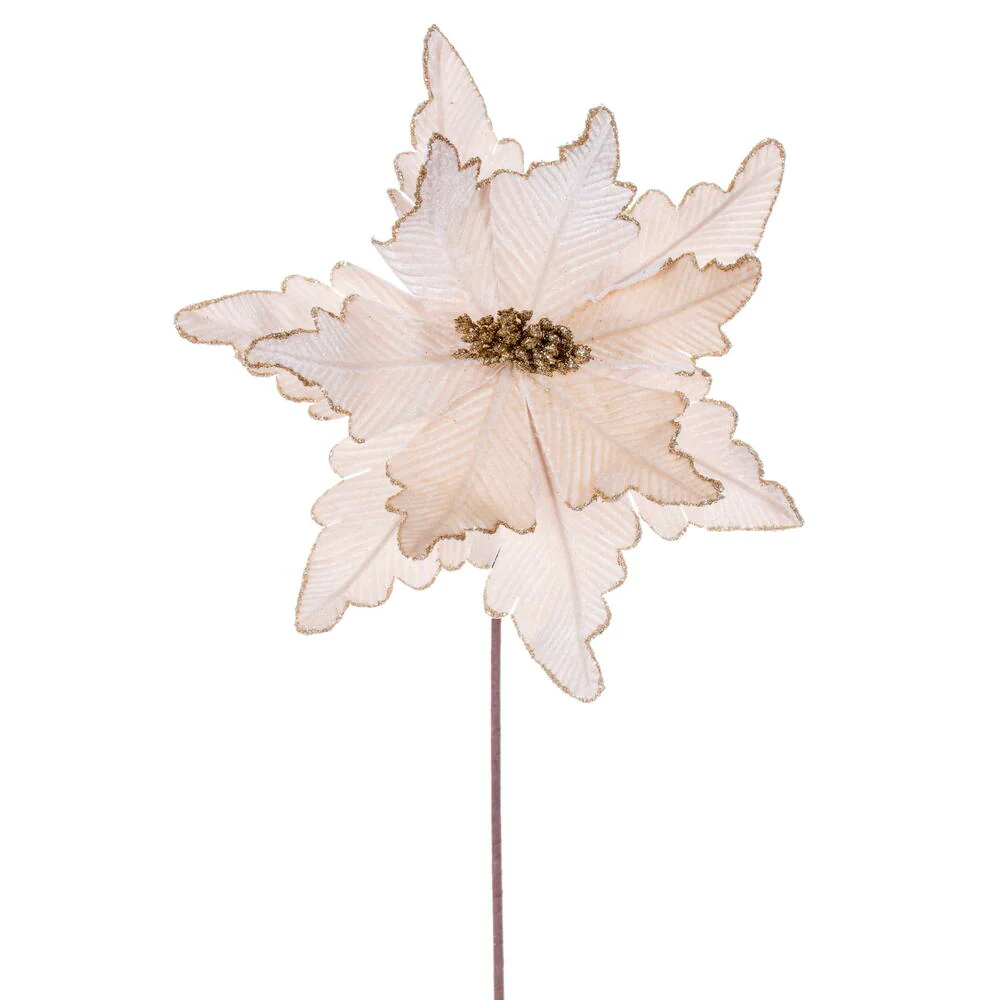 20"x13" Glittered Velvet Artificial Poinsettia Flower Stem -Champagne (Pack of 12)