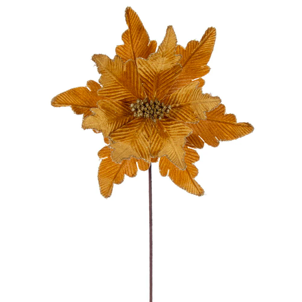20"x13" Glittered Velvet Artificial Poinsettia Flower Stem -Gold (Pack of 12)